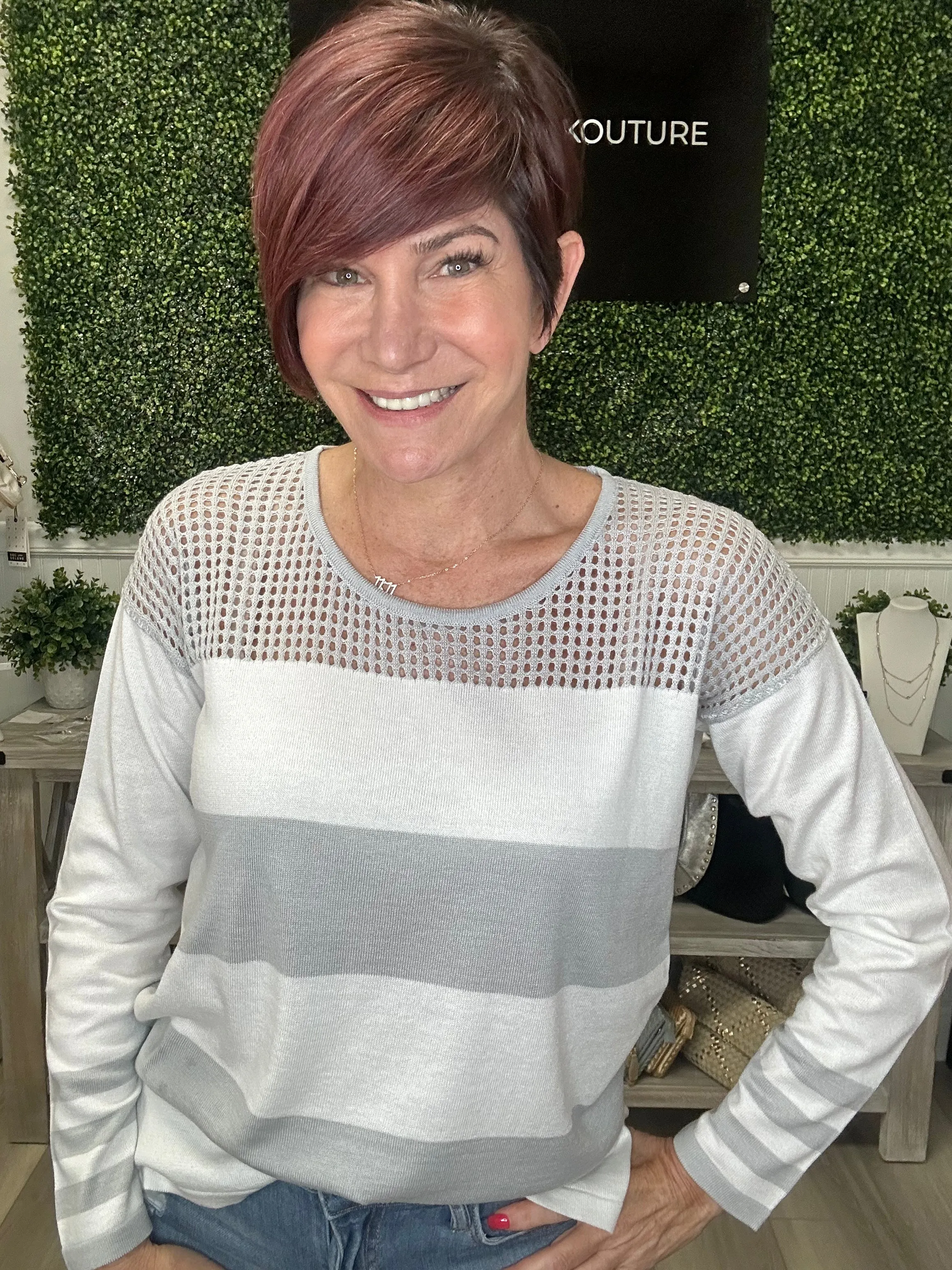 Crochet Scoop Neck Striped Sweater