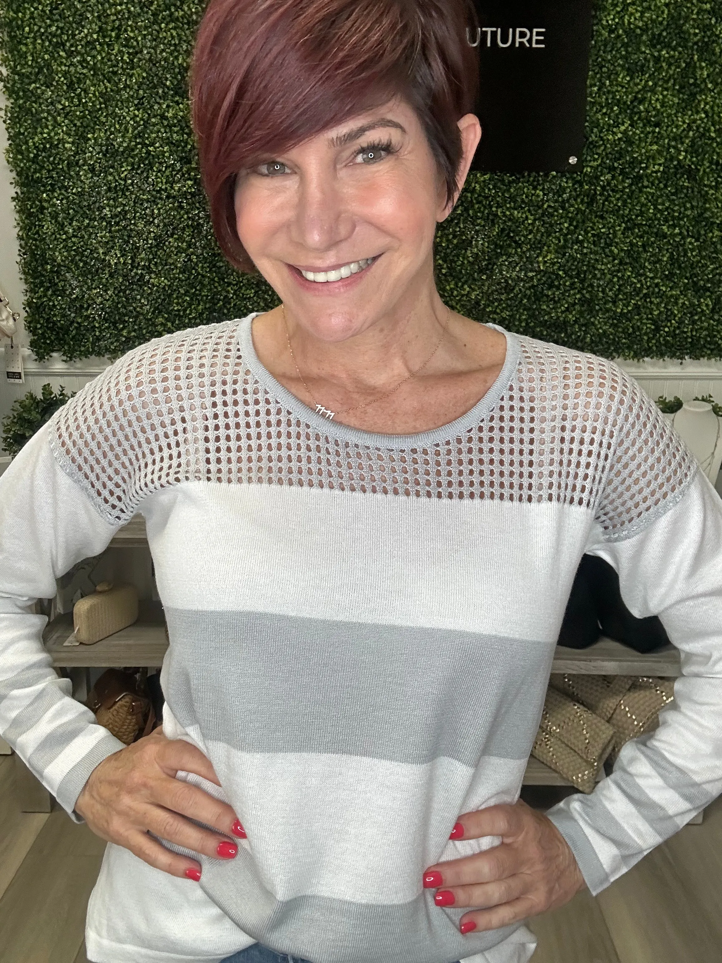 Crochet Scoop Neck Striped Sweater
