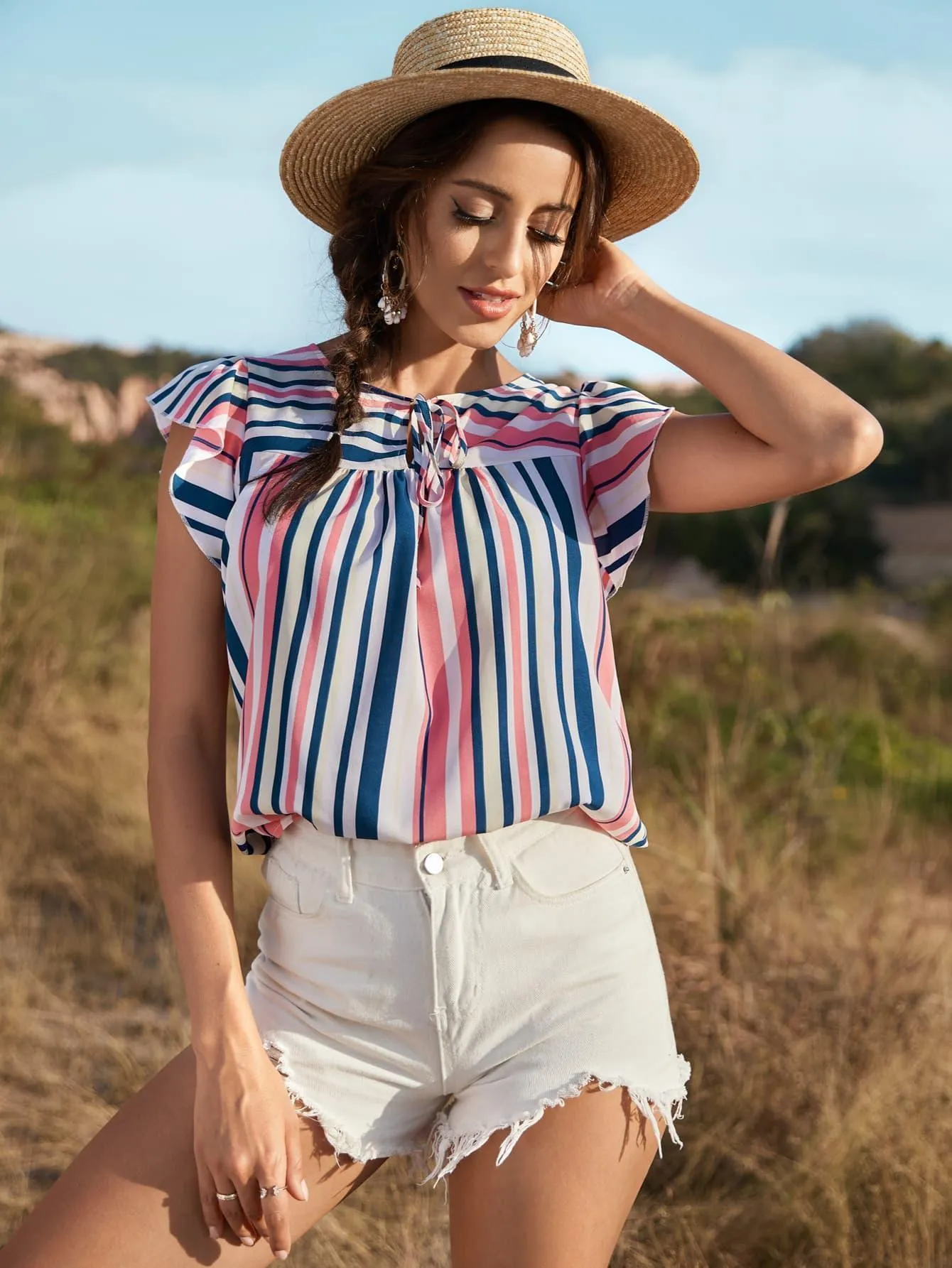 Days In The Sun Striped Cap Sleeve Blouse