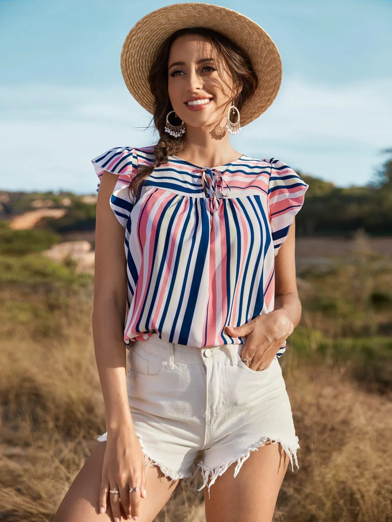 Days In The Sun Striped Cap Sleeve Blouse