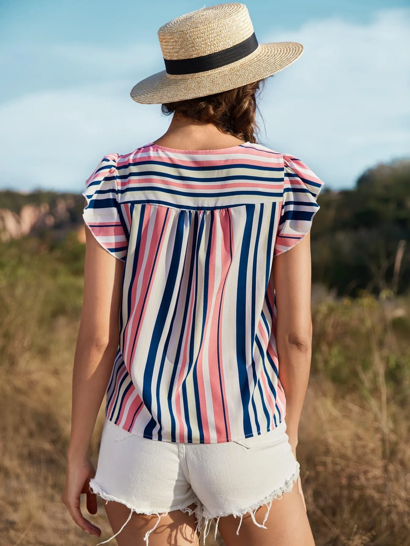 Days In The Sun Striped Cap Sleeve Blouse