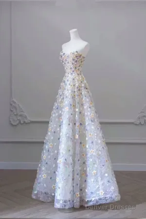 Elegant A Line Strapless Floral Long Prom Dress