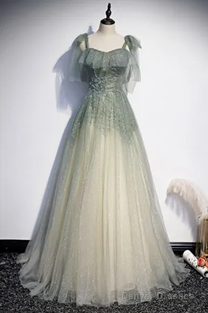 Elegant And Sweet Sage Green Sleeveless Off Shoulder Beads With Sparkling Sheer Sequins Prom Dress Sage Green A-Line Princess Shoulder Off Back Sweeping Train Ruffle Edge Evening Dress