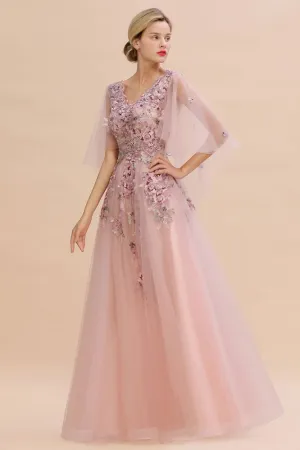 Elegant Tulle A-line Floral Wedding Dress Puffy Long Sleeves Evening Party Dress
