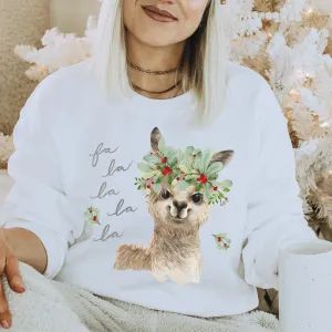 Fa La La La Llama Crewneck Sweatshirt Women's Winter Watercolor Llama Design Ash or White Cozy Gildan Sweatshirt