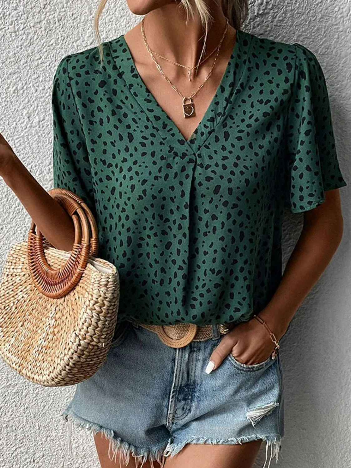 Fighter Animal Print Green V Neck Blouse
