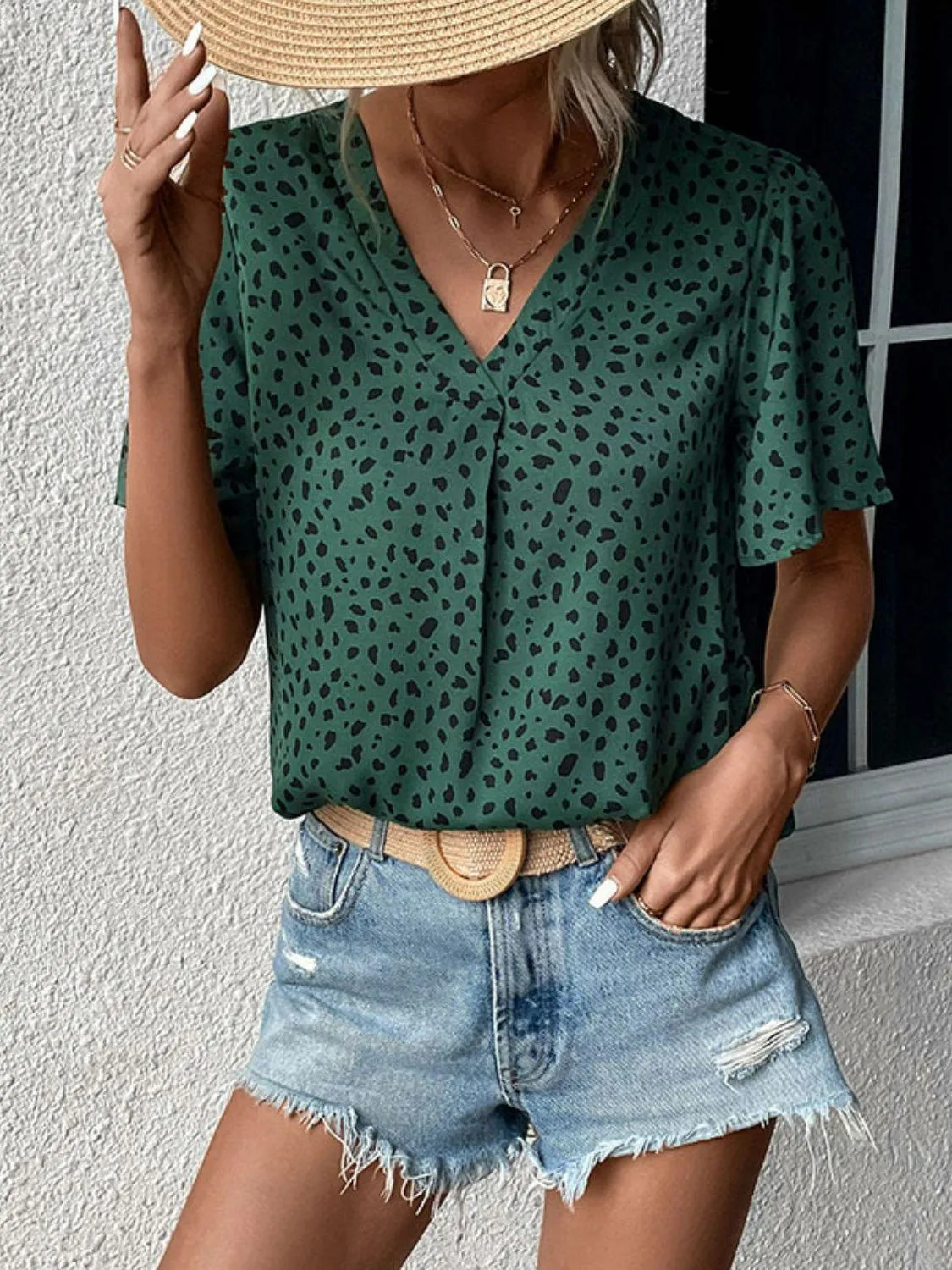 Fighter Animal Print Green V Neck Blouse