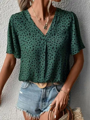 Fighter Animal Print Green V Neck Blouse