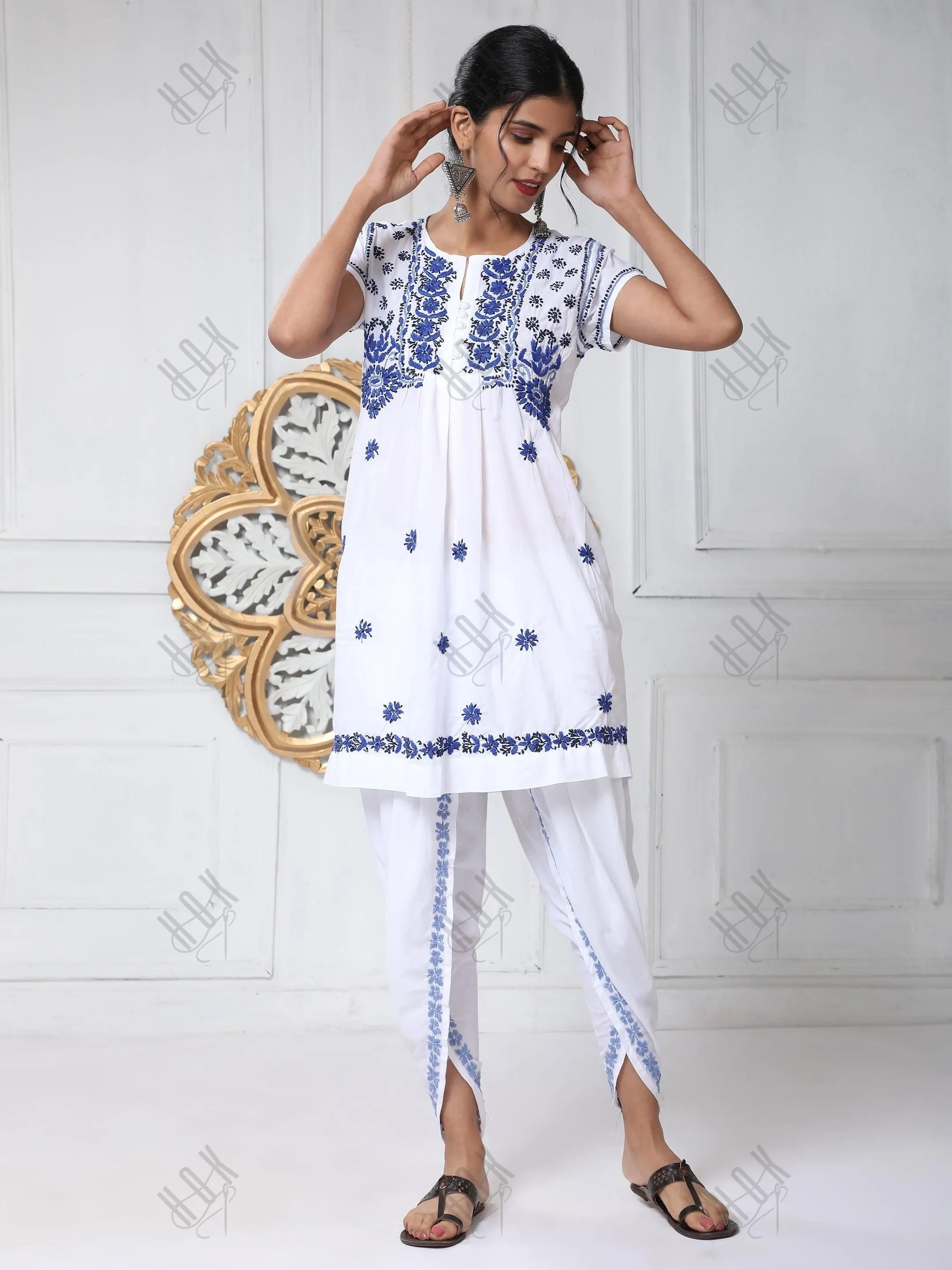 Fizaa Chikankari Hand Embroidery Dhooti White/Blue