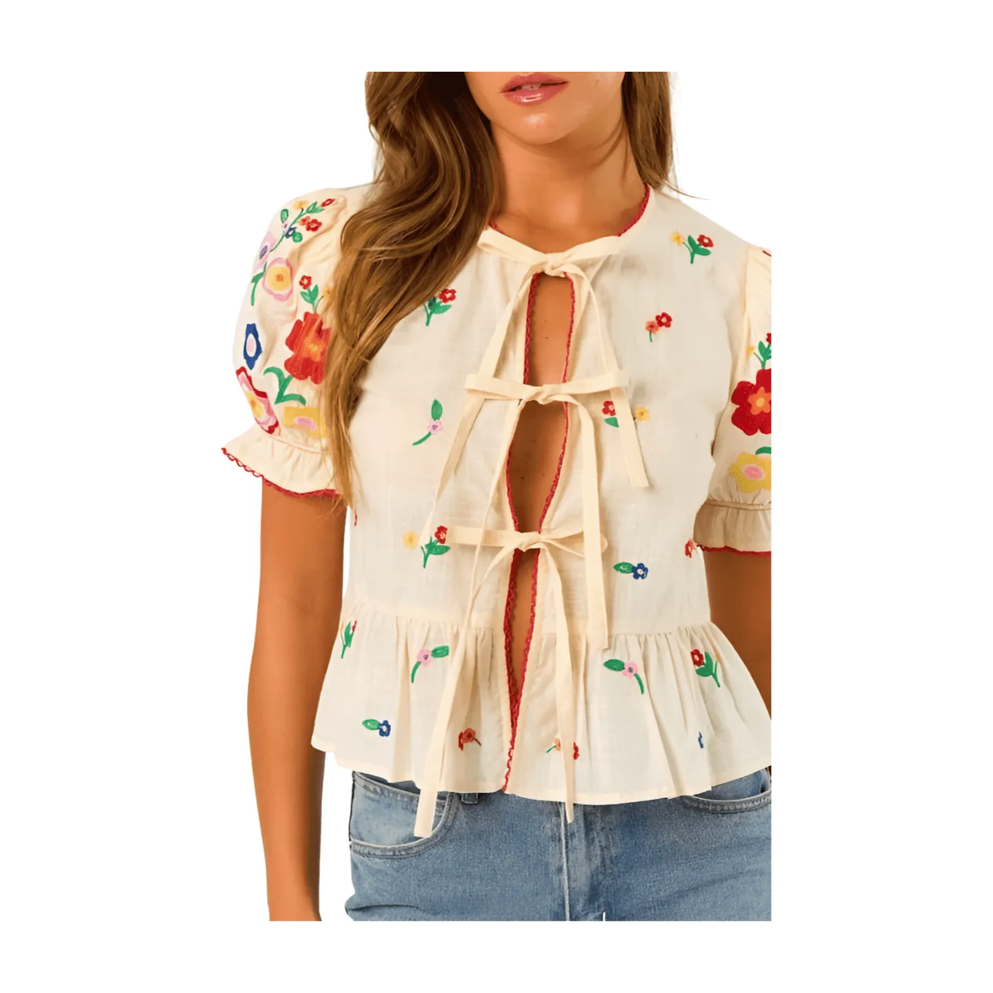 Floral Tie Front Peplum Blouse - Ivory