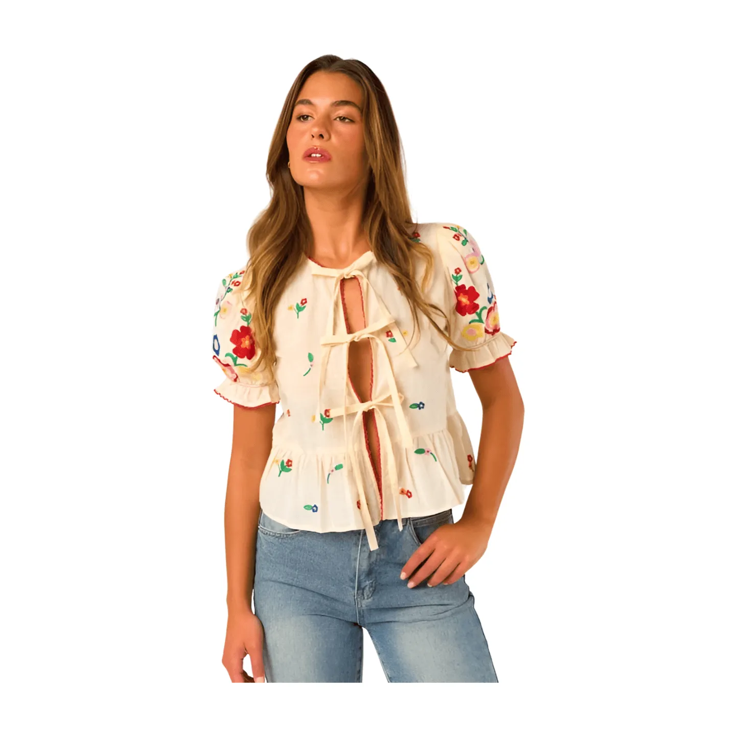 Floral Tie Front Peplum Blouse - Ivory