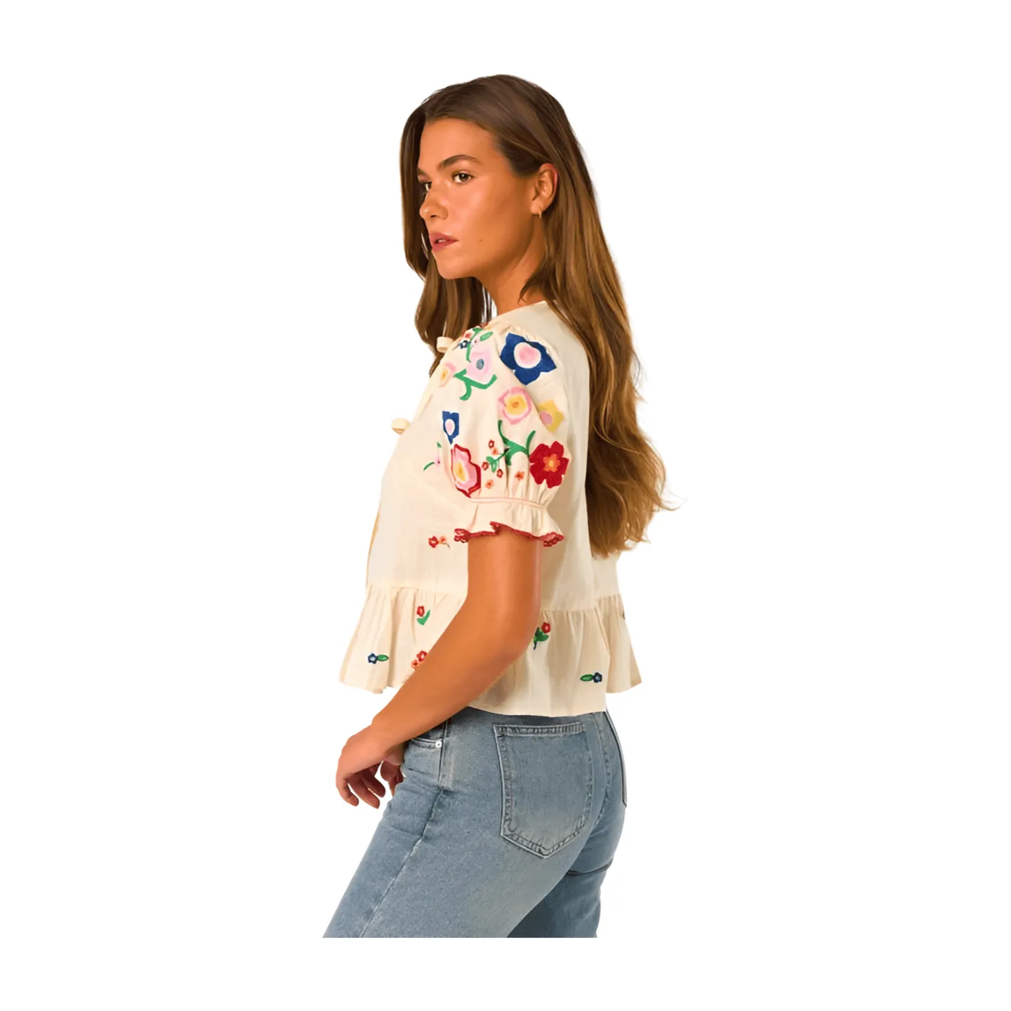 Floral Tie Front Peplum Blouse - Ivory