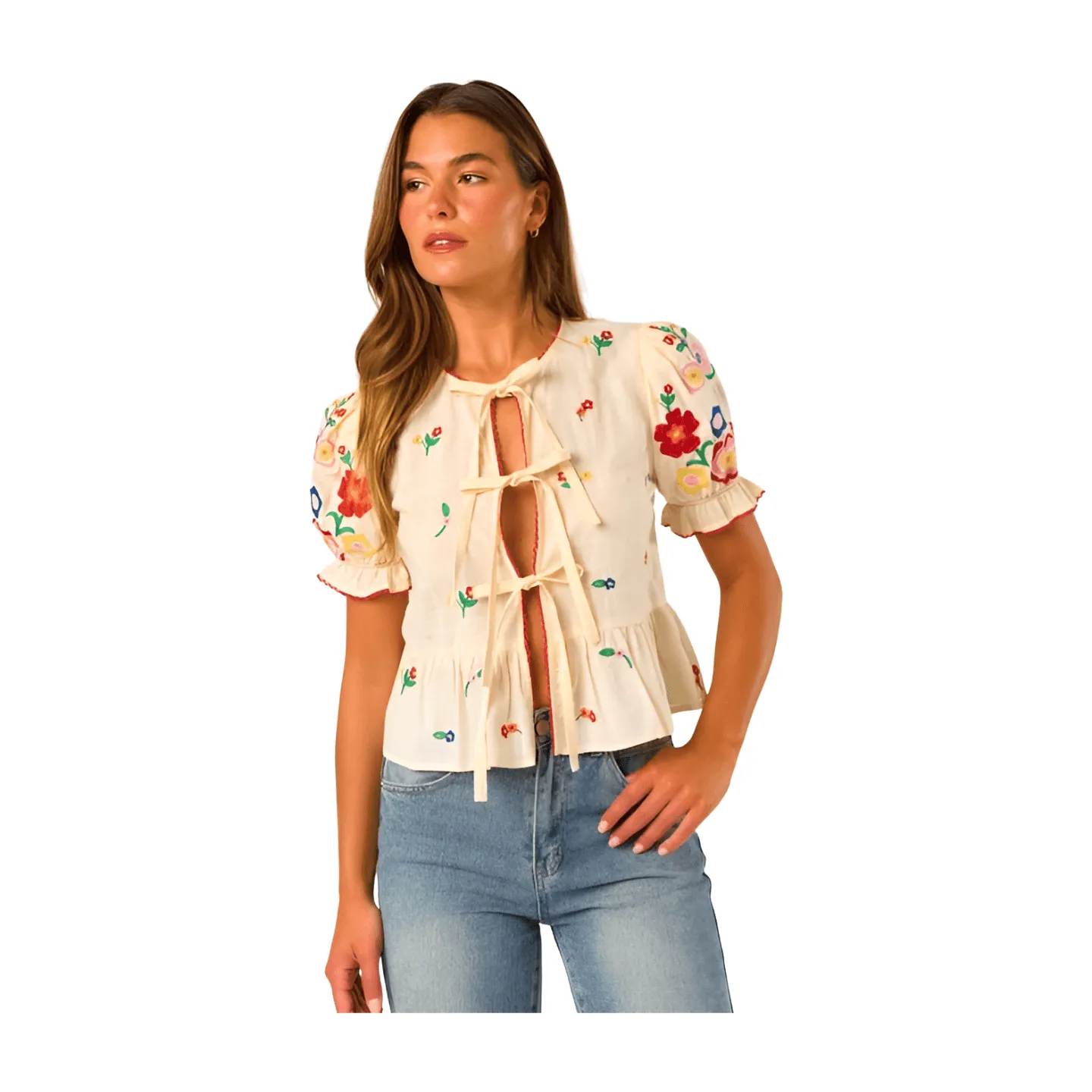 Floral Tie Front Peplum Blouse - Ivory