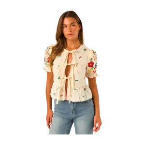 Floral Tie Front Peplum Blouse - Ivory