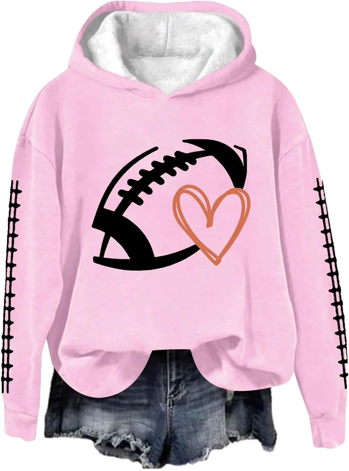 Football Game Day Womens Apparel Game Day Heart Football Graphic Hoodies Pullover Crew Neck Long Sleeve Shirts