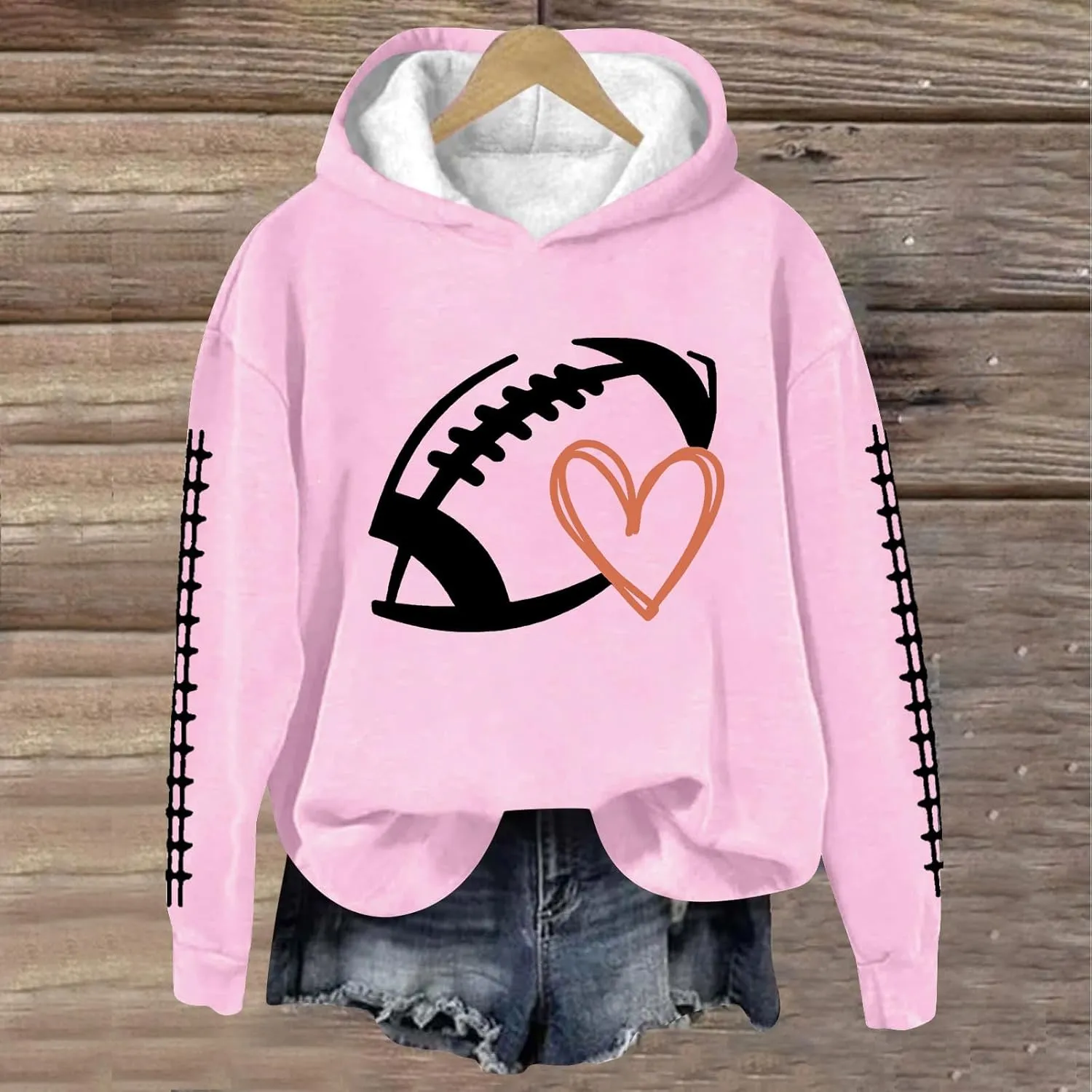 Football Game Day Womens Apparel Game Day Heart Football Graphic Hoodies Pullover Crew Neck Long Sleeve Shirts