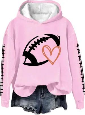 Football Game Day Womens Apparel Game Day Heart Football Graphic Hoodies Pullover Crew Neck Long Sleeve Shirts