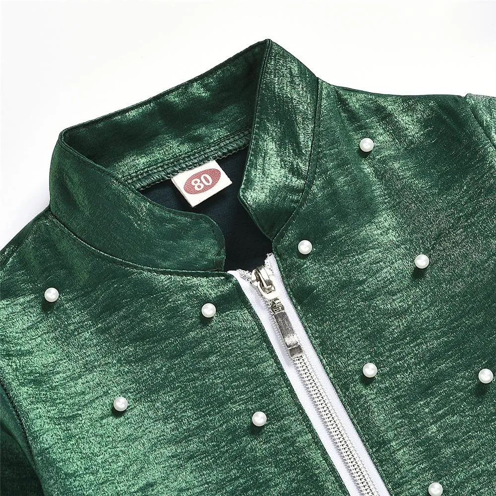 Girls Green Zipper Beaded Long Sleeve Jacket & Pants Wholesale Girl