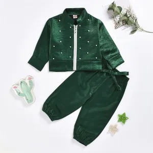 Girls Green Zipper Beaded Long Sleeve Jacket & Pants Wholesale Girl
