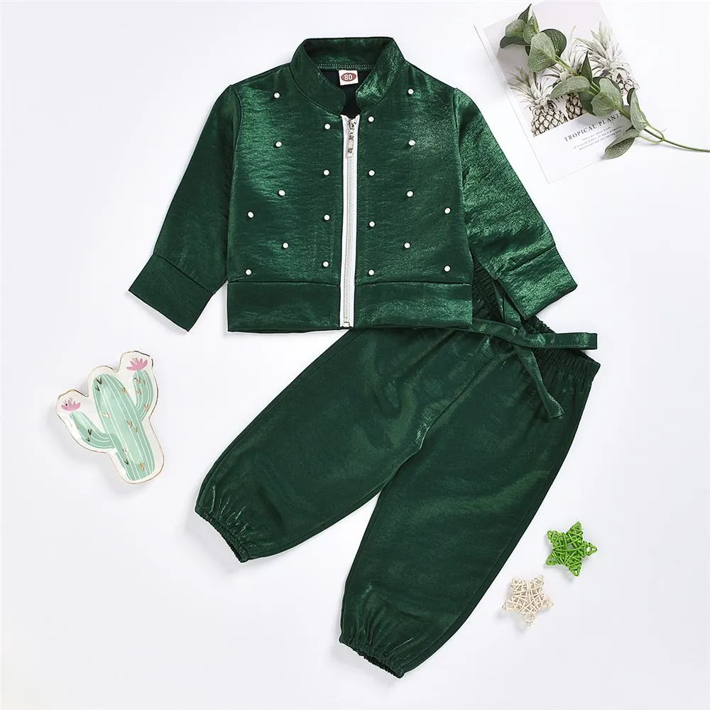 Girls Green Zipper Beaded Long Sleeve Jacket & Pants Wholesale Girl