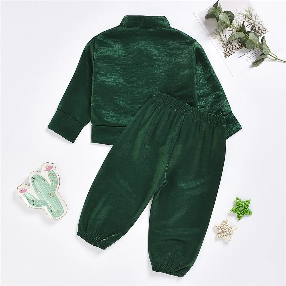 Girls Green Zipper Beaded Long Sleeve Jacket & Pants Wholesale Girl