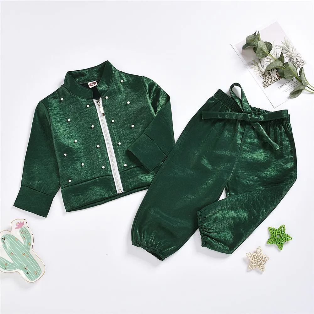 Girls Green Zipper Beaded Long Sleeve Jacket & Pants Wholesale Girl