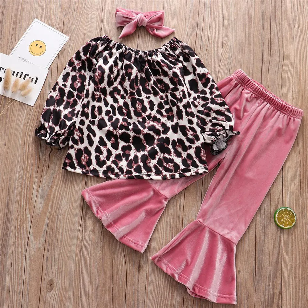 Girls Leopard Long Sleeve Top & Flared Pants & Headband Wholesale Girls Clothing