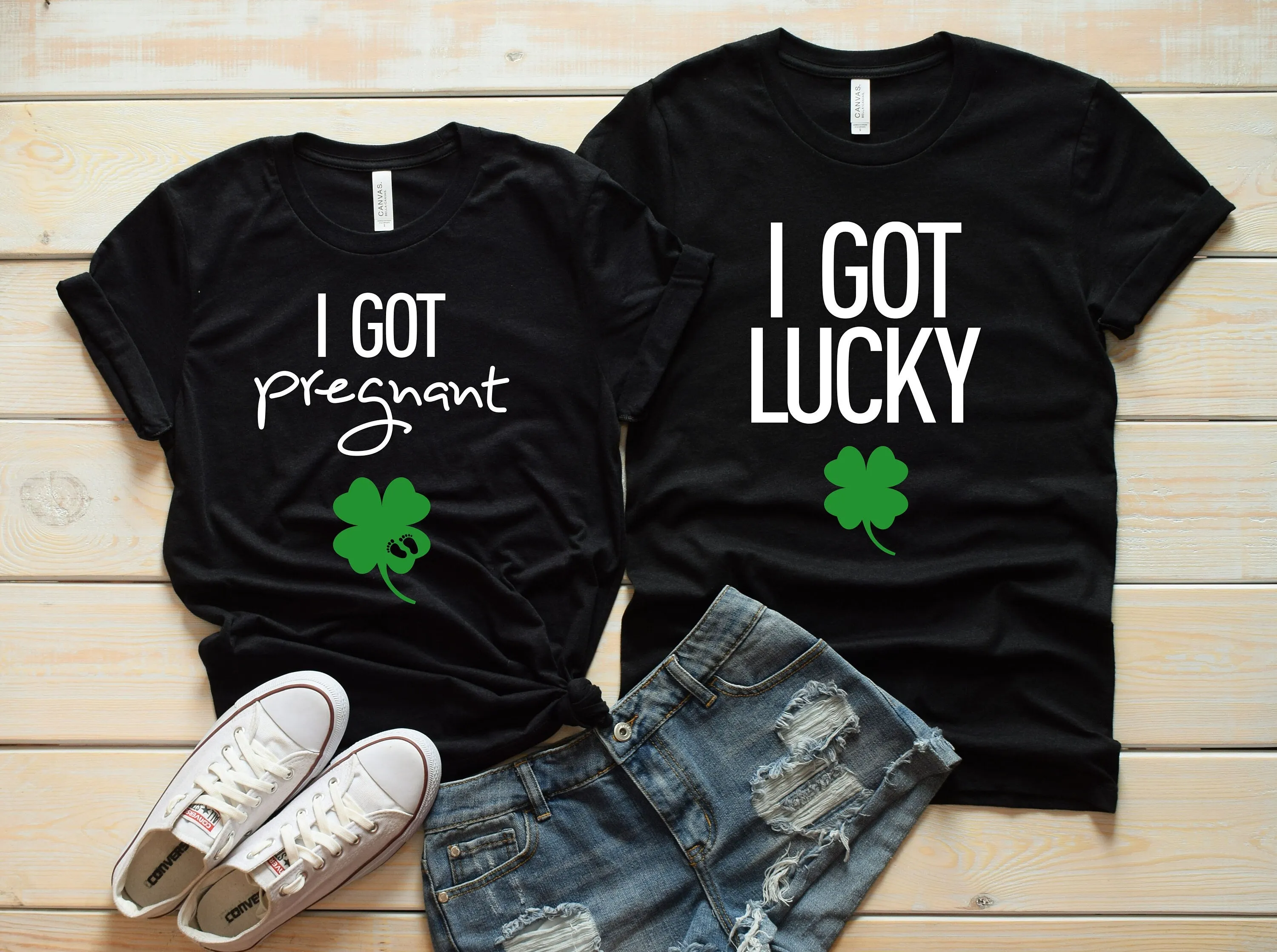 I Got Pregnant and I got Lucky Matching Shirts - Cute Pregnancy Announcement - St. Patrick's Day - Clover