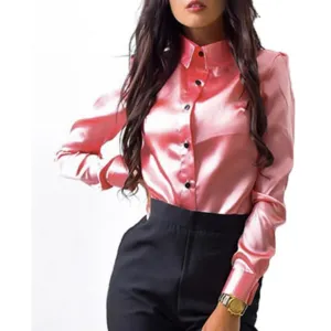 Image Diva Sexy Turndown Collar Cotton Satin Blouse Shirt Solid Pink Long Sleeve for Women