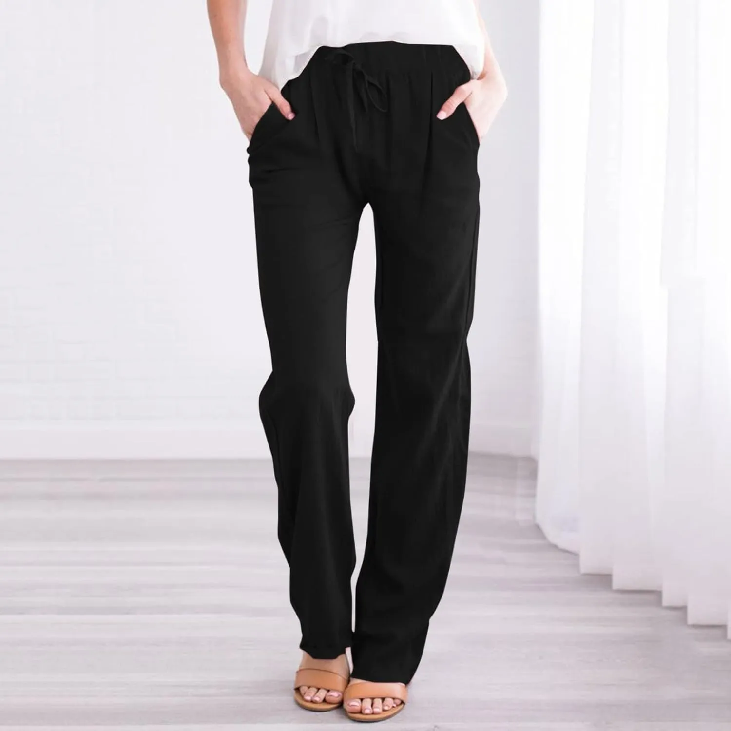 Linen Pants for Women Women's Lightweight Linen Pants - Relaxed Fit Elastic Waist Summer Casual Long Trousers