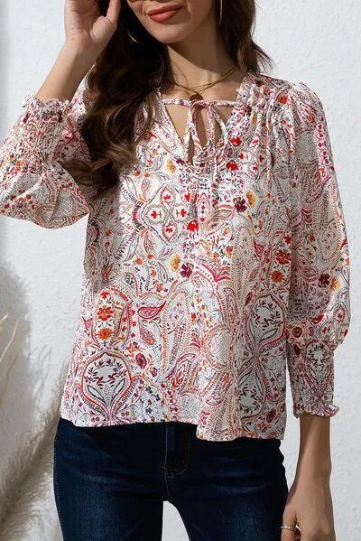Lively Long Sleeve Printed Tie Neck Blouse