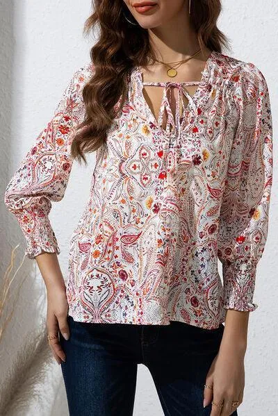 Lively Long Sleeve Printed Tie Neck Blouse
