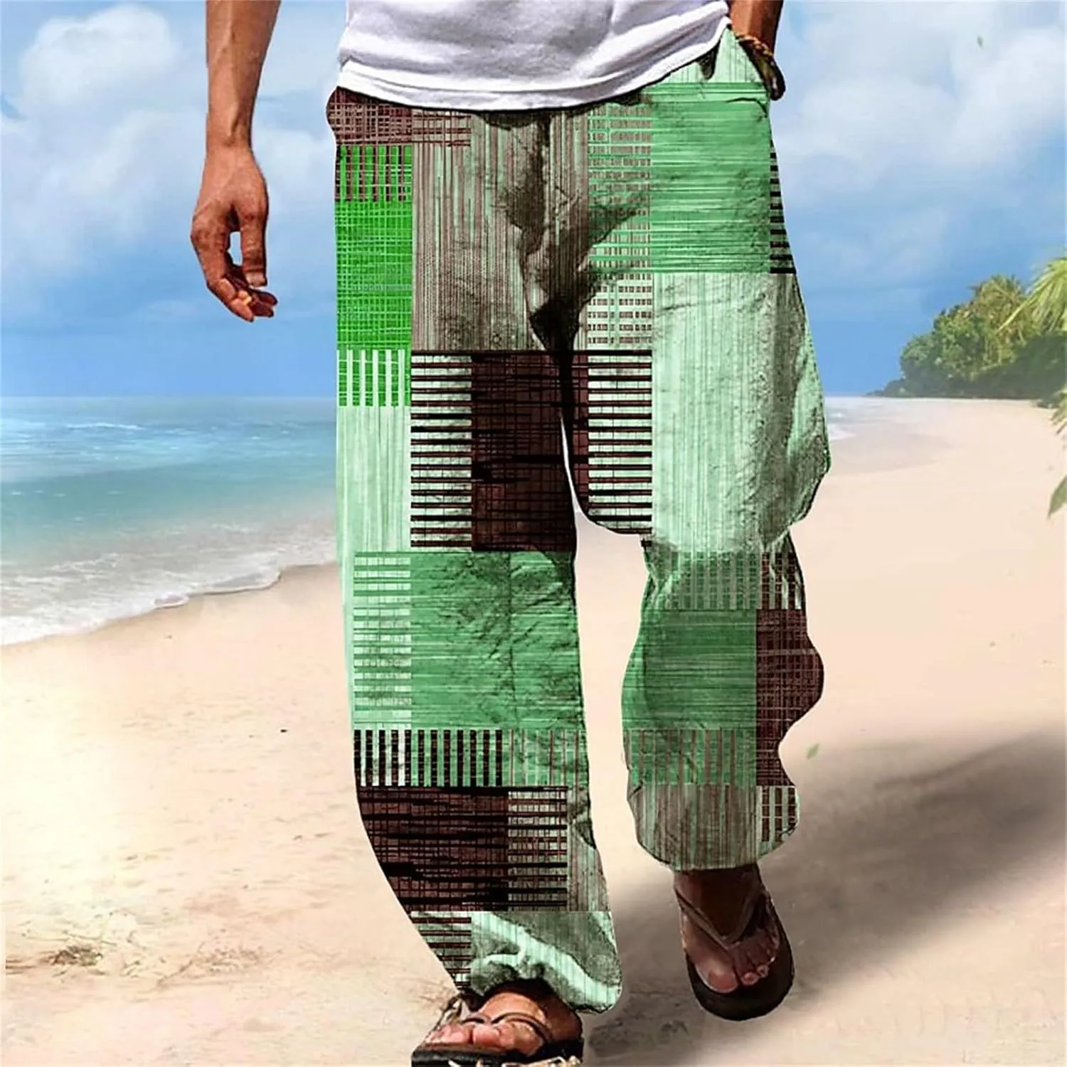 Mens Casual Linen Beach Pants Summer Fashion Jogger Yoga Linen Pants Loose Fit Relaxed Elastic Drawstring Waist