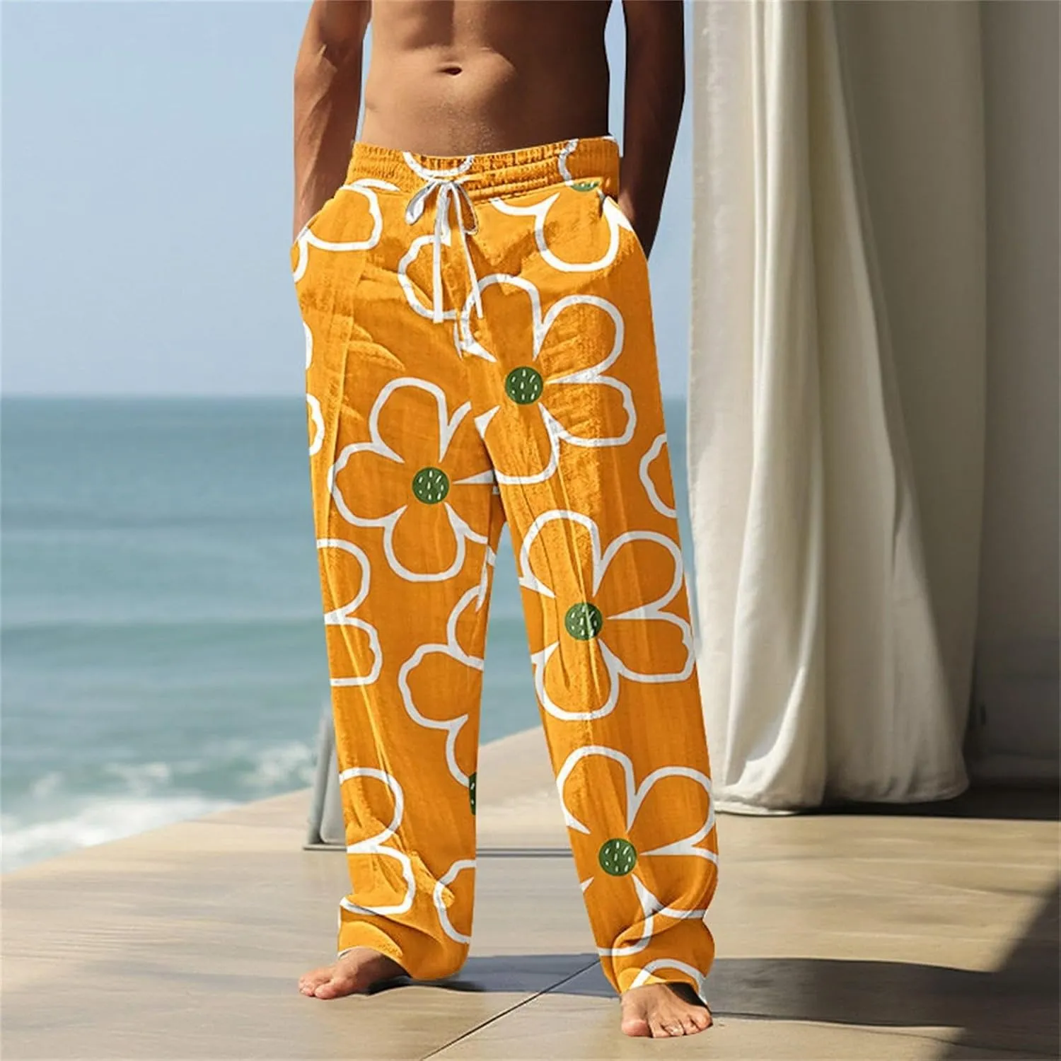 Mens Casual Pants Relaxed Fit Flower Print Pants Plus Size Baggy Beach Vacation Slacks Drawstring Waist Trousers