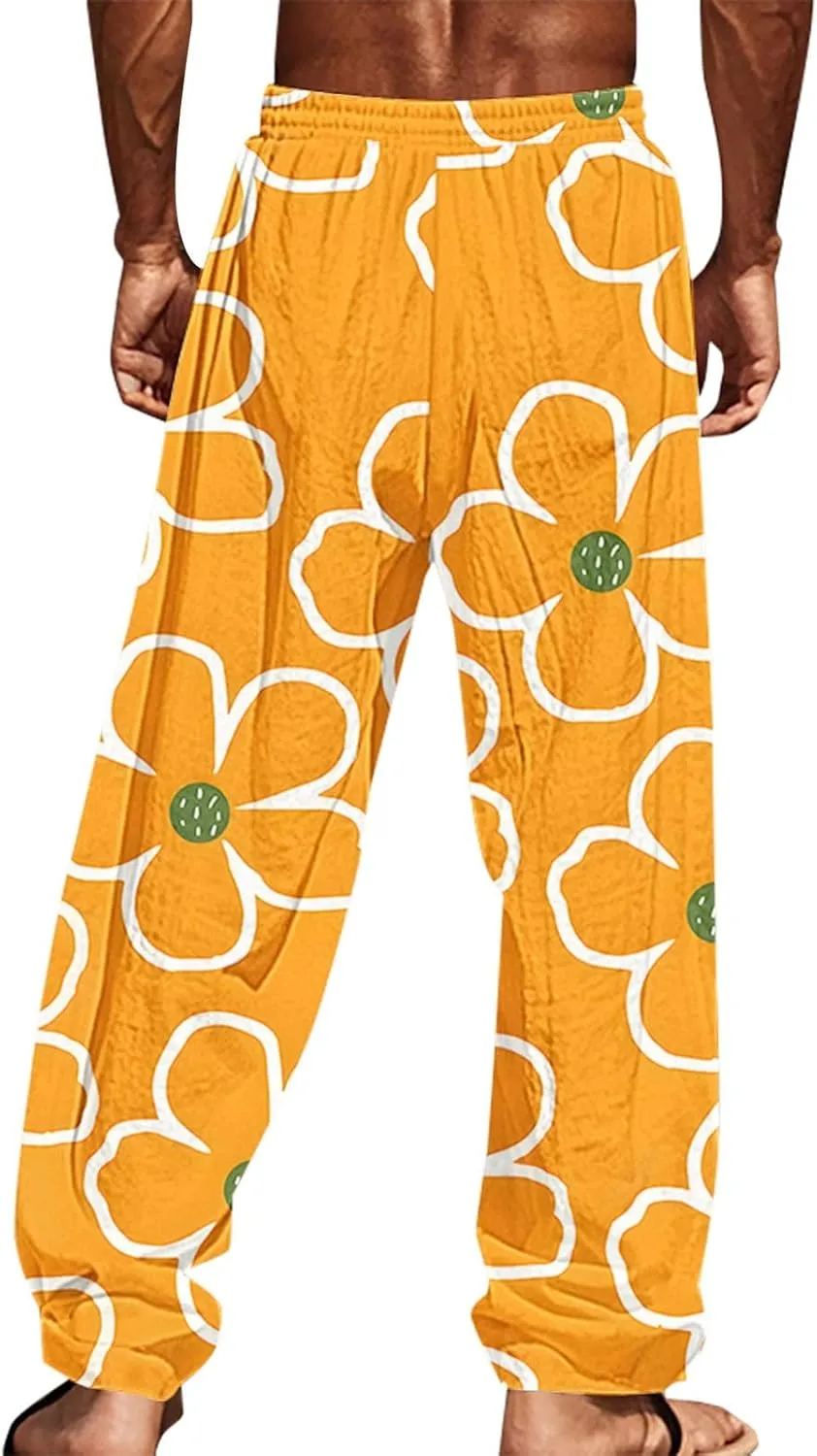 Mens Casual Pants Relaxed Fit Flower Print Pants Plus Size Baggy Beach Vacation Slacks Drawstring Waist Trousers