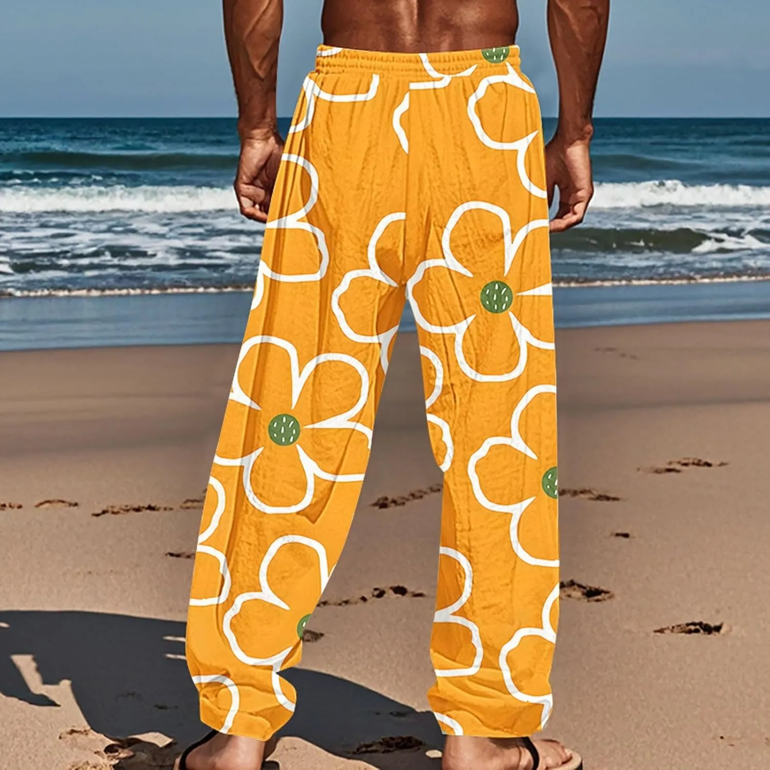 Mens Casual Pants Relaxed Fit Flower Print Pants Plus Size Baggy Beach Vacation Slacks Drawstring Waist Trousers