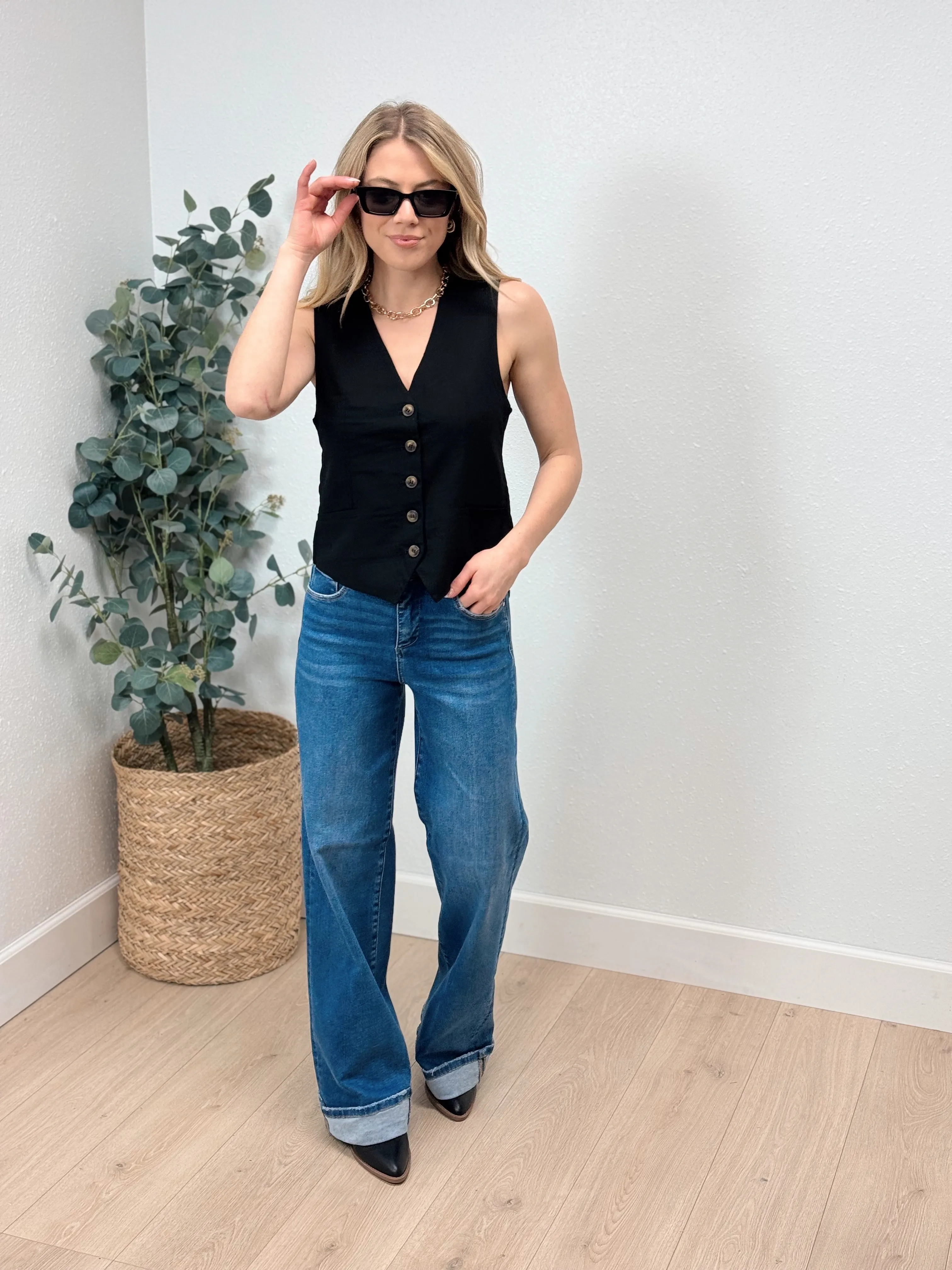 Office Day Linen Vest - Black