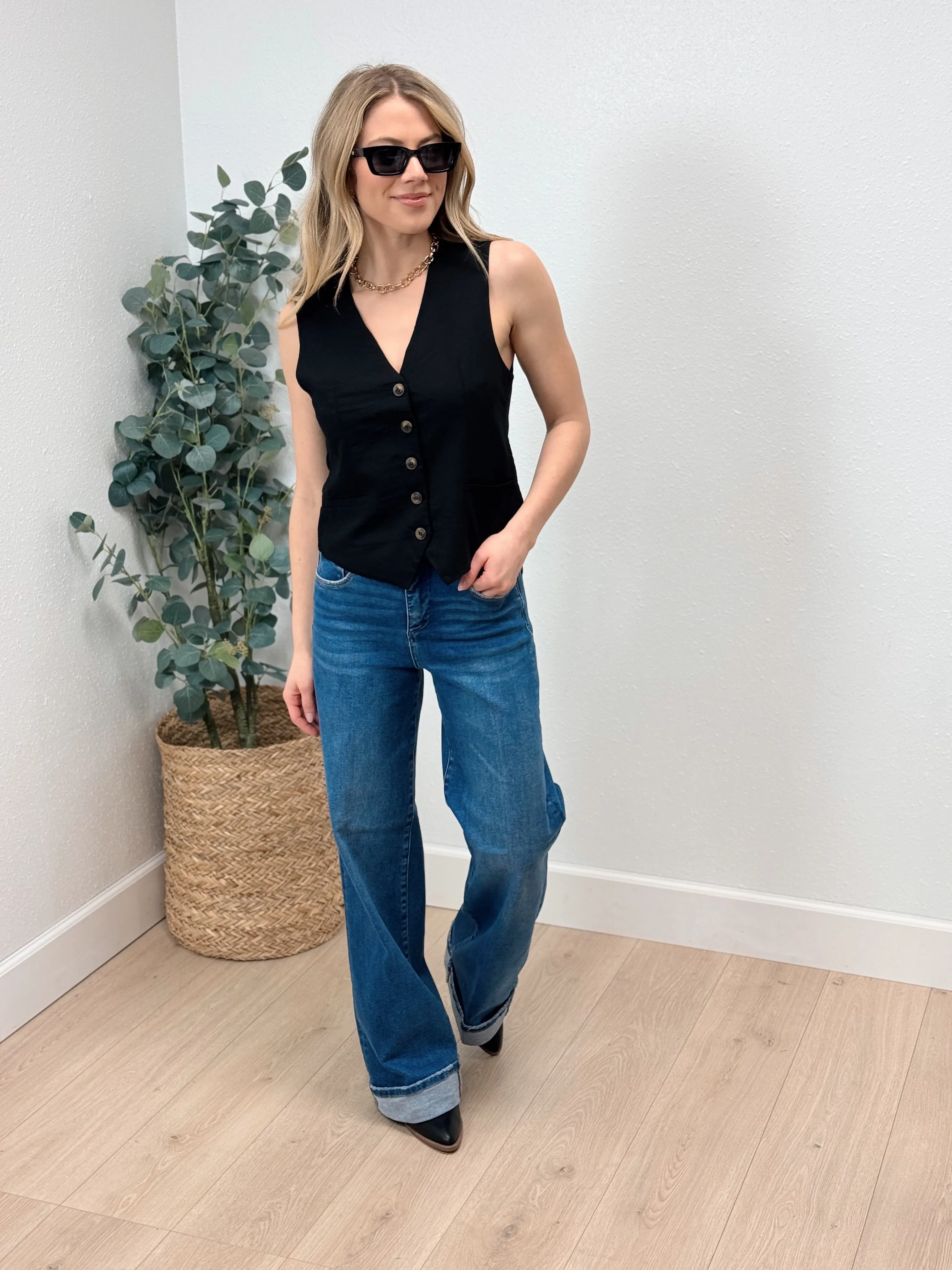 Office Day Linen Vest - Black