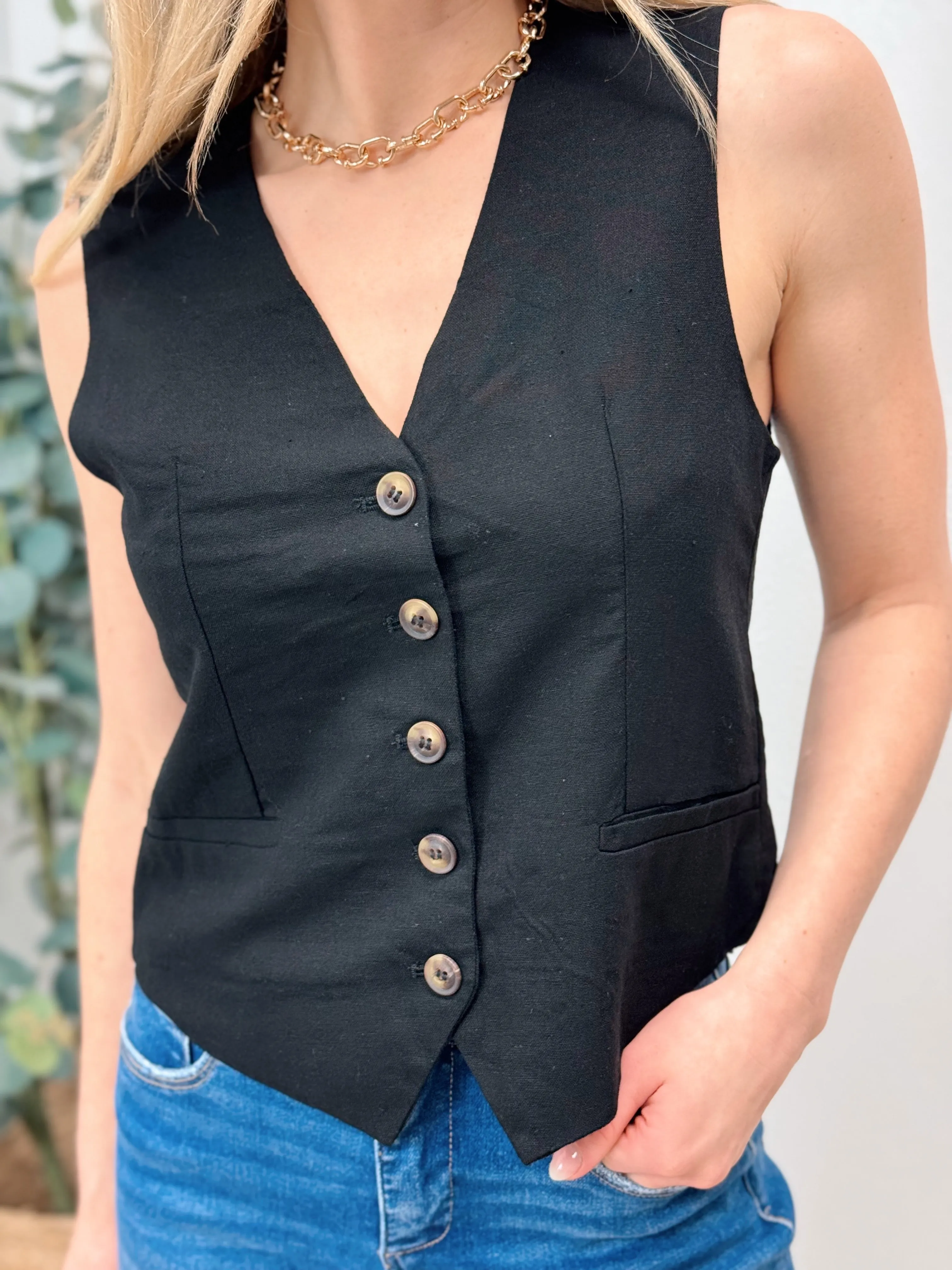 Office Day Linen Vest - Black