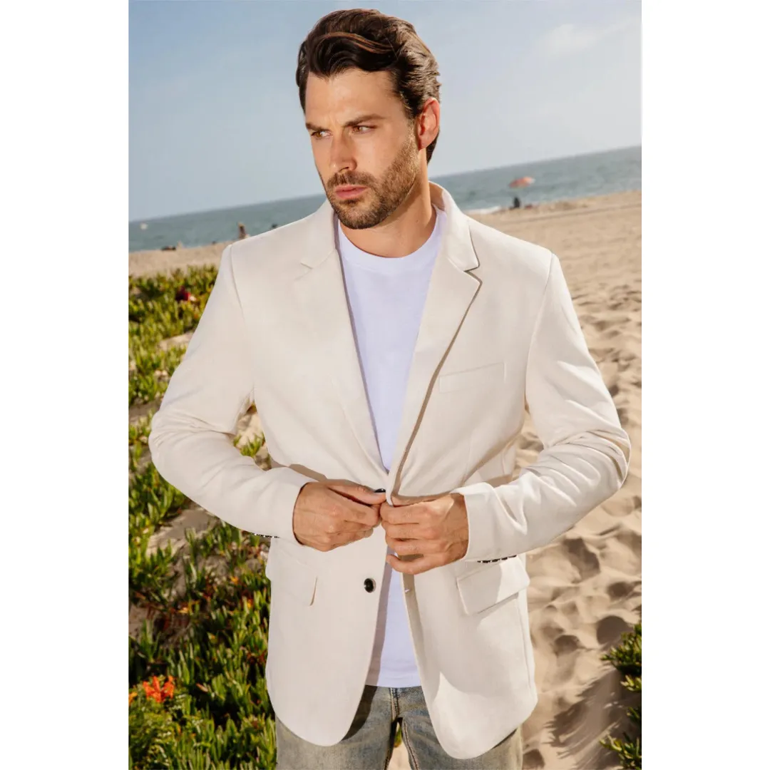 Platini Men's Double Button Faux Suede Blazer - Off White