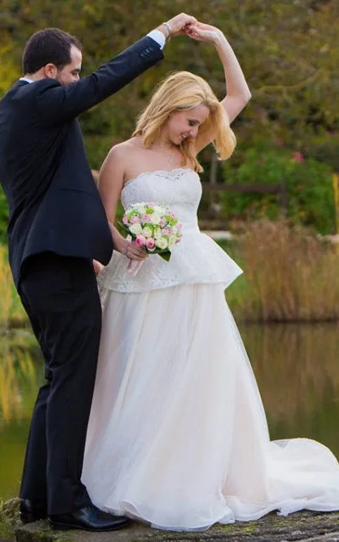 Romantic A Line Strapless Lace Tulle Sweep Train Wedding Dress with Sash-716409