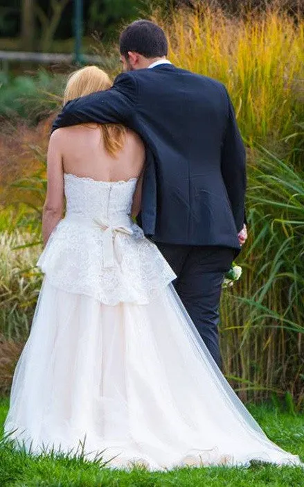 Romantic A Line Strapless Lace Tulle Sweep Train Wedding Dress with Sash-716409