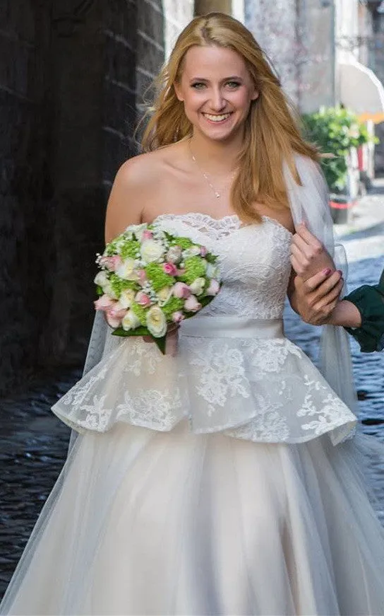 Romantic A Line Strapless Lace Tulle Sweep Train Wedding Dress with Sash-716409