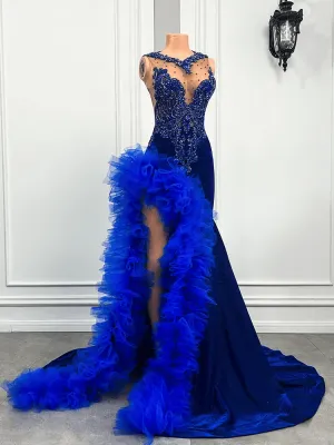 Royal Blue Mermaid Prom Dress Ruffled Evening Dresses with Slit