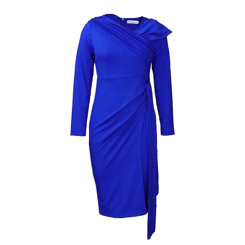 Solid Color Long Sleeve Off-Shoulder Pleated Pencil Dress