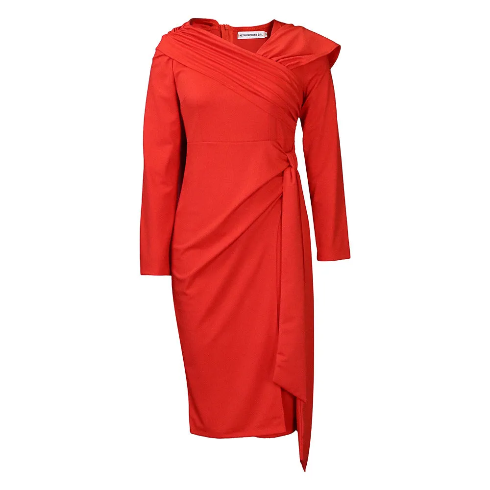Solid Color Long Sleeve Off-Shoulder Pleated Pencil Dress
