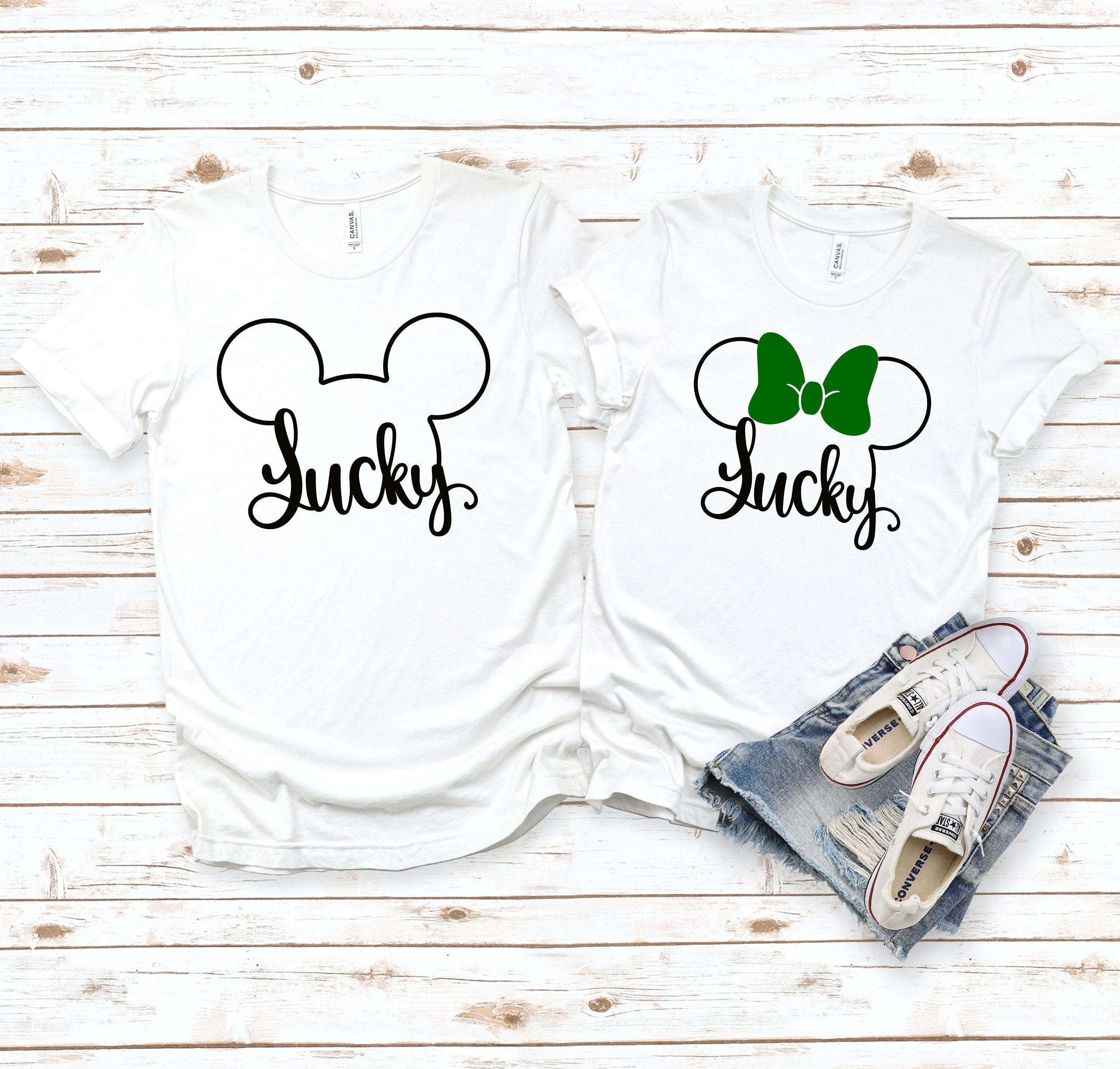 St. Patrick's Day Lucky Minnie and Mickey  Matching Disney Couples Shirts -Shamrock - Clover - Green Bow