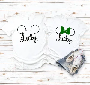 St. Patrick's Day Lucky Minnie and Mickey  Matching Disney Couples Shirts -Shamrock - Clover - Green Bow