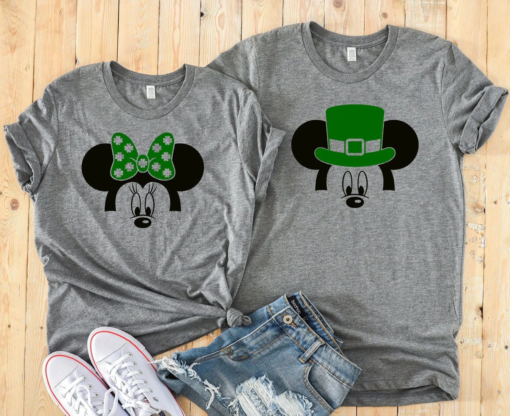 St. Patrick's Day Minnie and Mickey  Matching Disney Couples Shirts -Shamrock - Clover - Green Bow
