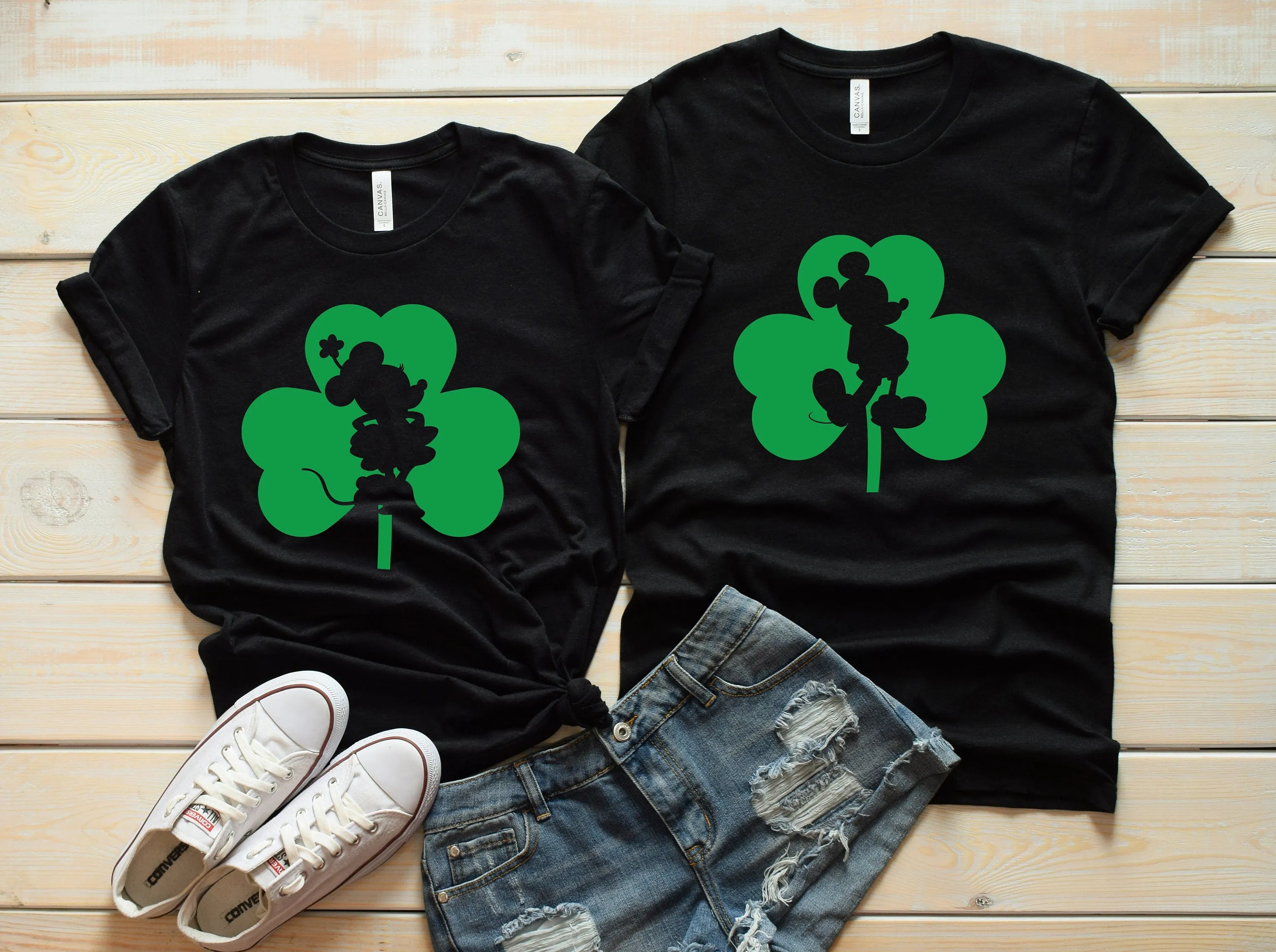 St. Patrick's Day Minnie and Mickey Mouse - Matching Disney Couples Shirts -Silhouette inside of Shamrock